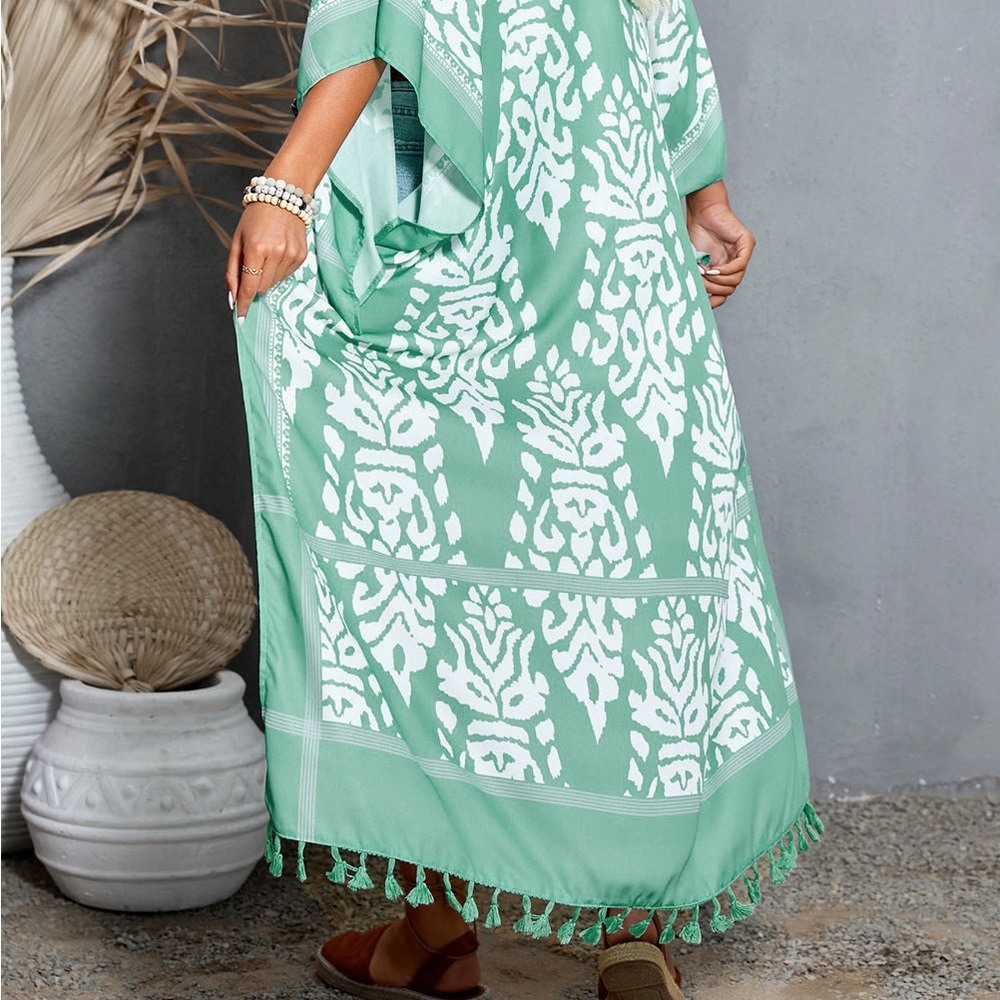 NWT Mint Color | Printed Open Front Duster Kimono with Tassel Trim
